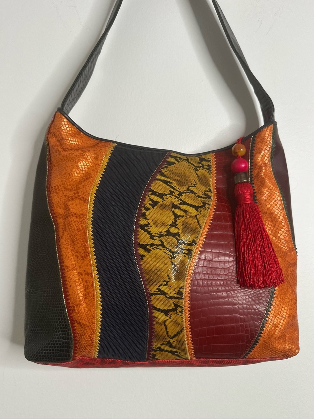 Sharif Vintage Patchwork Exotic Leather Shoulder Bag Made in USA 80s 90s Boho - Picture 4 of 12